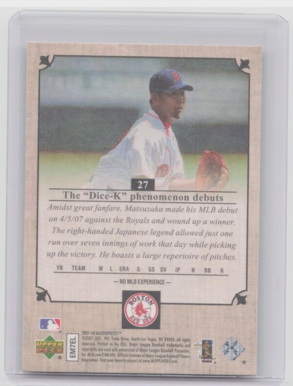 2007 Upper Deck Masterpieces Daisuke Matsuzaka RC #27 Sox - Image 3
