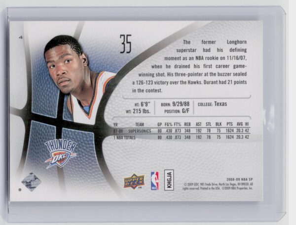 2008-09 SP Authentic Kevin Durant Retail #4 Thunder - Image 3