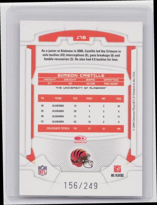 2008 Leaf Rookies & Stars Longevity Simeon Castille Ruby /249 #178 Bengals - Image 3