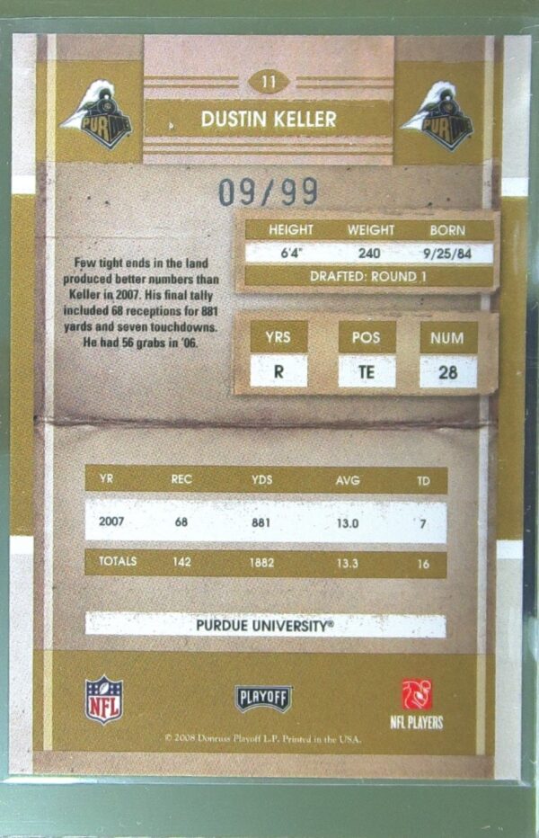 2008 Playoff Contenders Dustin Keller RC #11 Boilermakers College Rookie Ticket - Image 3