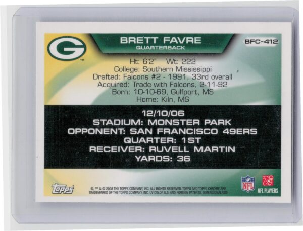 2008 Topps Chrome Brett Favre #BFC-412 Packers Brett Favre Collection - Image 3