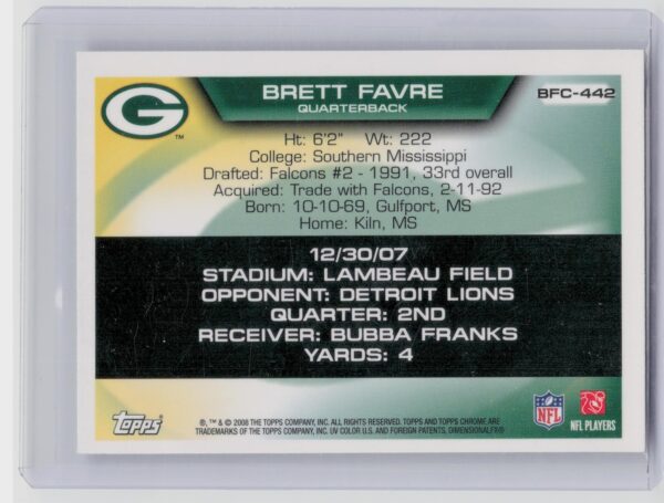 2008 Topps Chrome Brett Favre #BFC-442 Packers Brett Favre Collection - Image 3