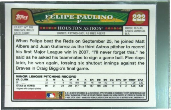 2008 Topps Chrome Felipe Paulino Auto RC #222 Astros - Image 3