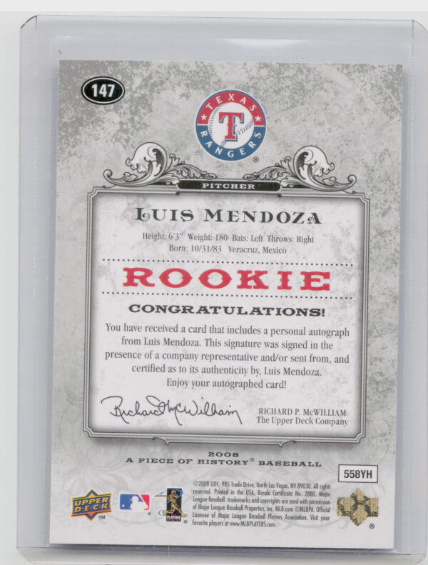 2008 Upper Deck A Piece of History Luis Mendoza AU SN499 #147 Rangers Rookie Aut - Image 3