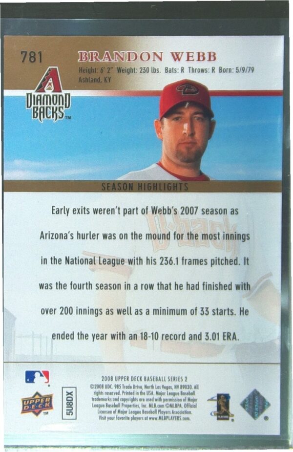 2008 Upper Deck Brandon Webb Gold /99 #781 Diamondbacks - Image 3