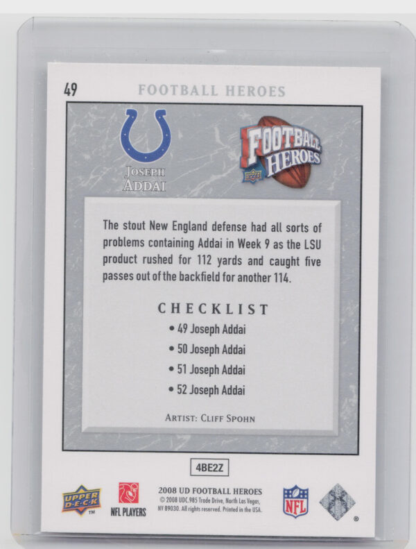 2008 Upper Deck Heroes Joseph Addai #49 Colts - Image 3