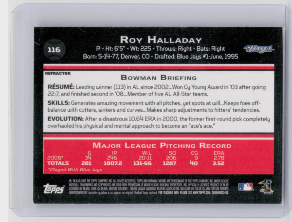 2009 Bowman Chrome Roy Halladay Refractors #116 Jays - Image 3