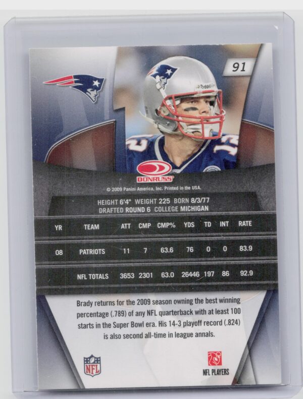 2009 Donruss Gridiron Gear Tom Brady #91 Patriots - Image 3