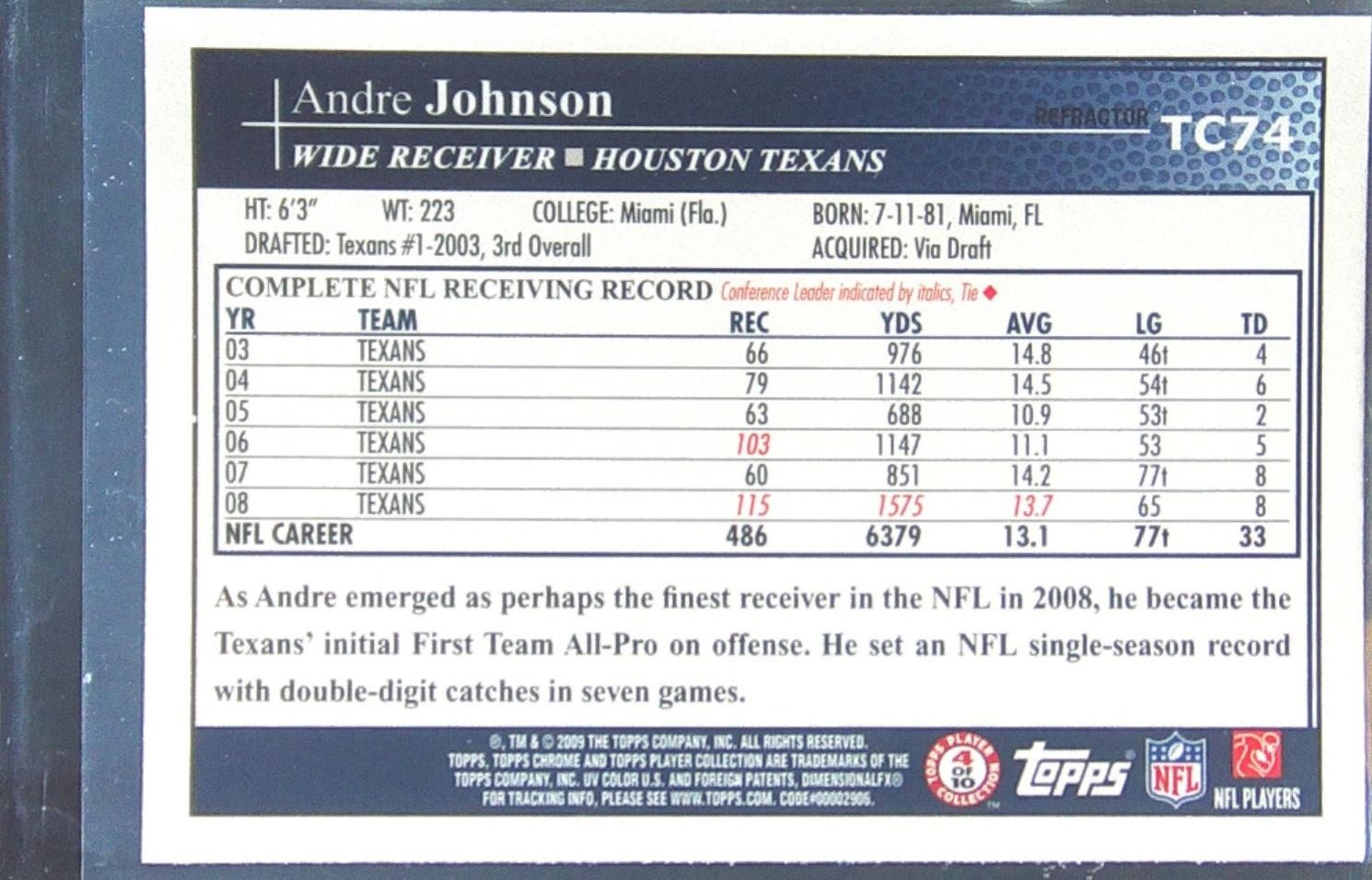 2009 Topps Chrome Andre Johnson Xfractors #TC74 Texans - Image 3