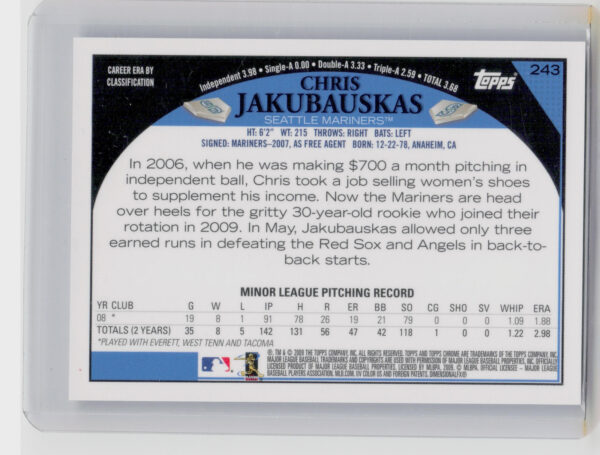 2009 Topps Chrome Chris Jakubauskas AU #243 Mariners - Image 3