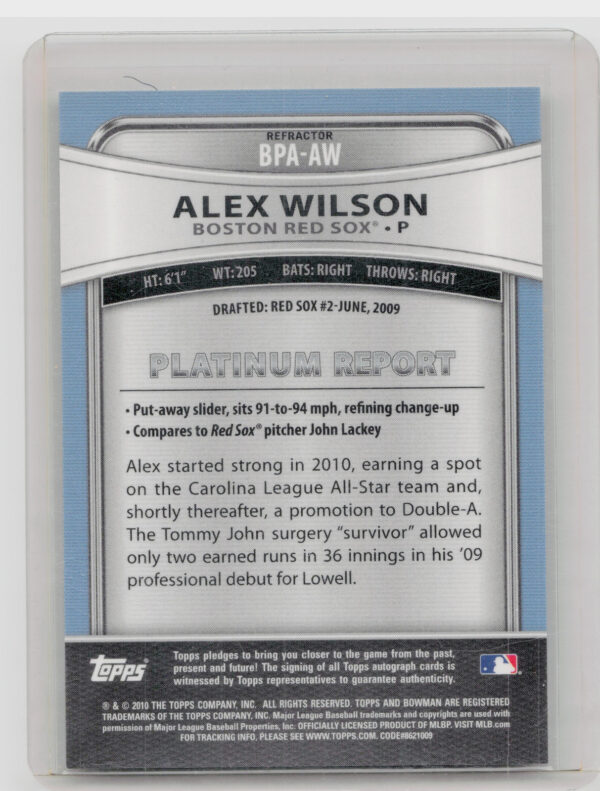 2010 Bowman Platinum Alex Wilson #BPA-AW Sox Prospect Autographs Refractors - Image 3