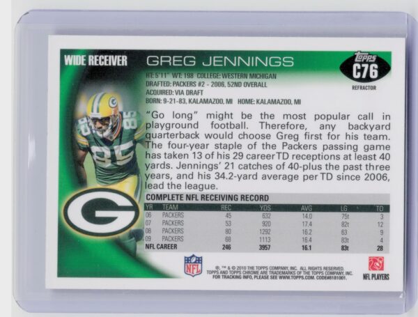 2010 Topps Chrome Greg Jennings Refractors #C76 Packers - Image 3