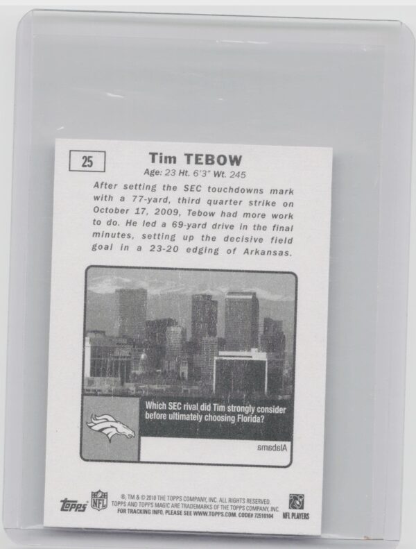 2010 Topps Magic Tim Tebow Mini #25 Broncos - Image 3