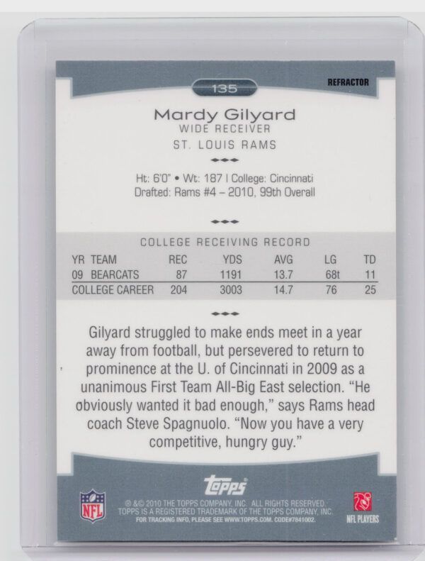 2010 Topps Platinum Mardy Gilyard Rookie Refractors SN999 #135 Rams - Image 3