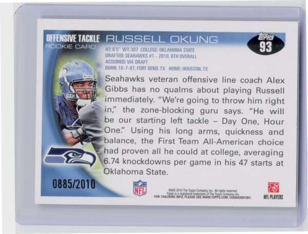 2010 Topps Russell Okung Gold /2010 #93 Seahawks - Image 3