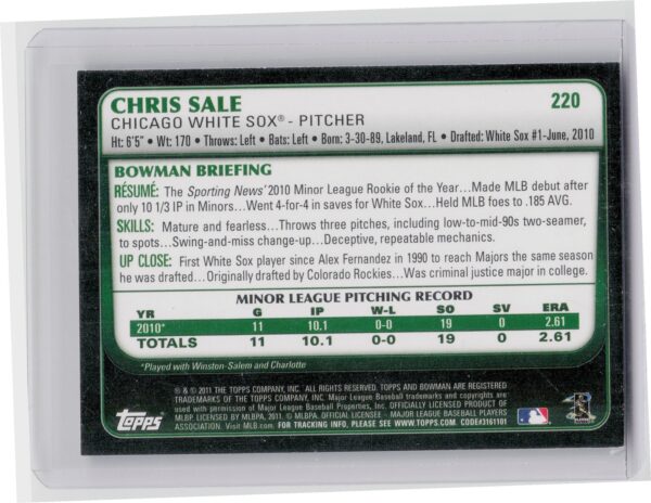2011 Bowman Chris Sale RC #220 Sox - Image 3