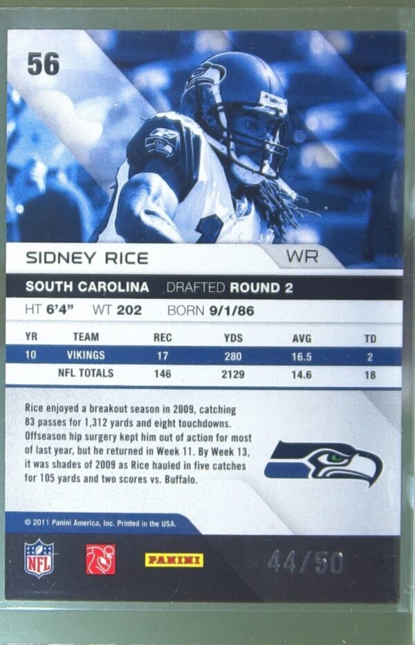 2011 Panini Absolute Memorabilia Sidney Rice Spectrum Silver /50 #56 Seahawks - Image 3