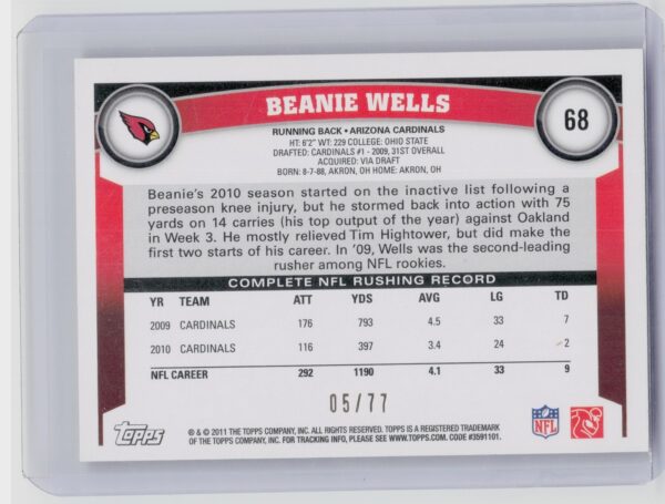 2011 Topps Beanie Wells Red SN77 #68 Cardinals - Image 3