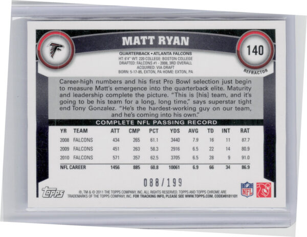 2011 Topps Chrome Matt Ryan Blue Refractors SN199 #140 Falcons - Image 3