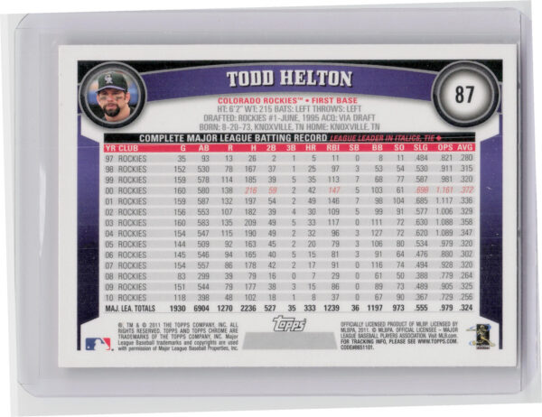 2011 Topps Chrome Todd Helton Orange Refractors #87 Rockies - Image 3