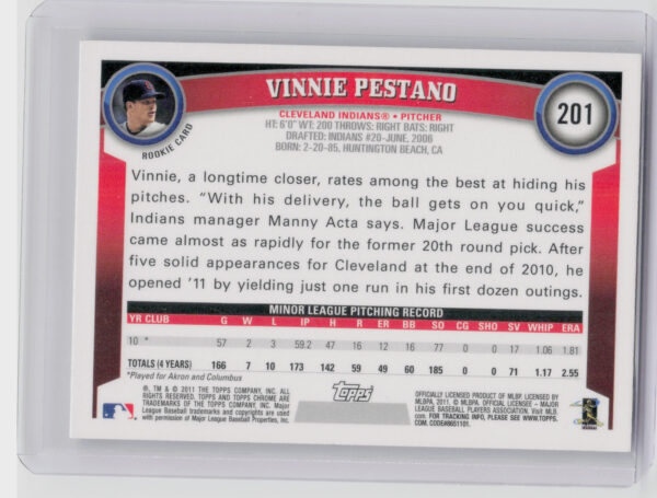 2011 Topps Chrome Vinnie Pestano RC #201 Indians - Image 3