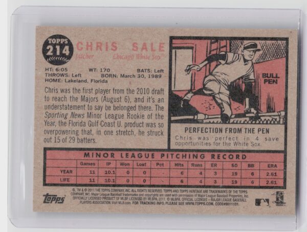 2011 Topps Heritage Chris Sale RC #214 Sox - Image 3