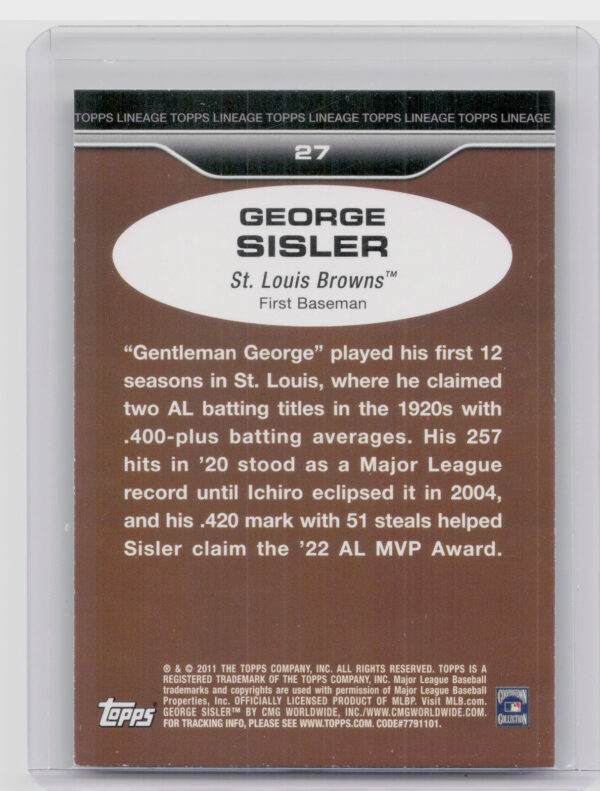 2011 Topps Lineage George Sisler #27 Browns - Image 3