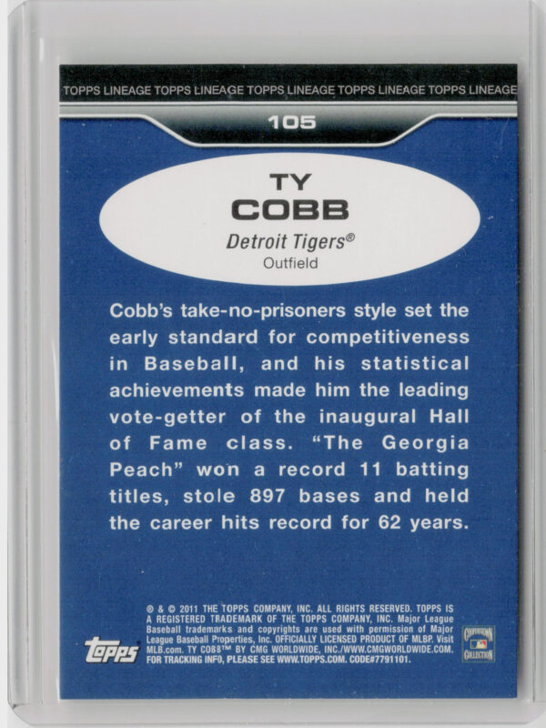 2011 Topps Lineage Ty Cobb #105 Tigers - Image 3
