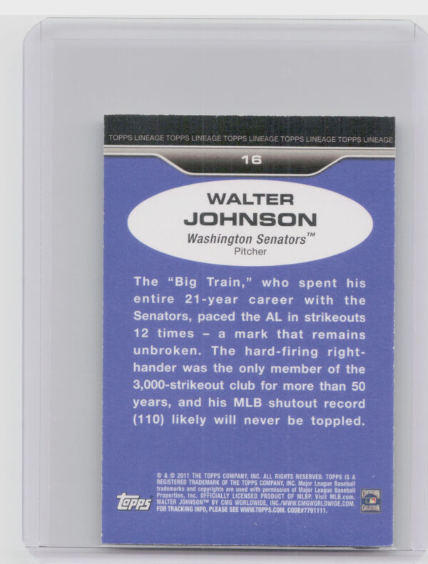 2011 Topps Lineage Walter Johnson 1975 Mini #16 Senators - Image 3