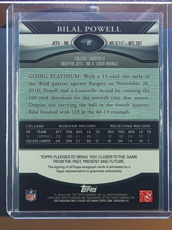 2011 Topps Platinum Bilal Powell AU SN150 #2 Jets Rookie Autographs Green Refrac - Image 3