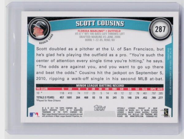 2011 Topps Scott Cousins RC #287 Marlins - Image 3