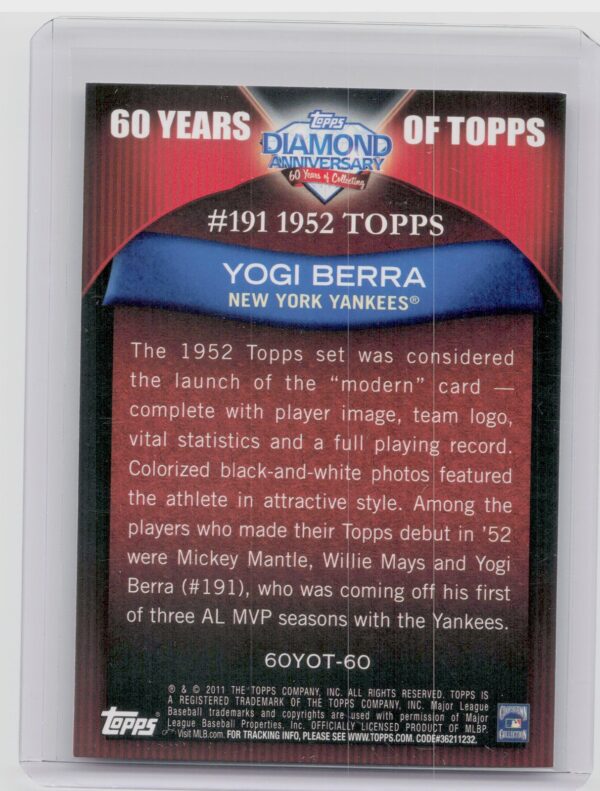 2011 Topps Yogi Berra #60YOT-60 Yankees 60 Years of Topps - Image 3