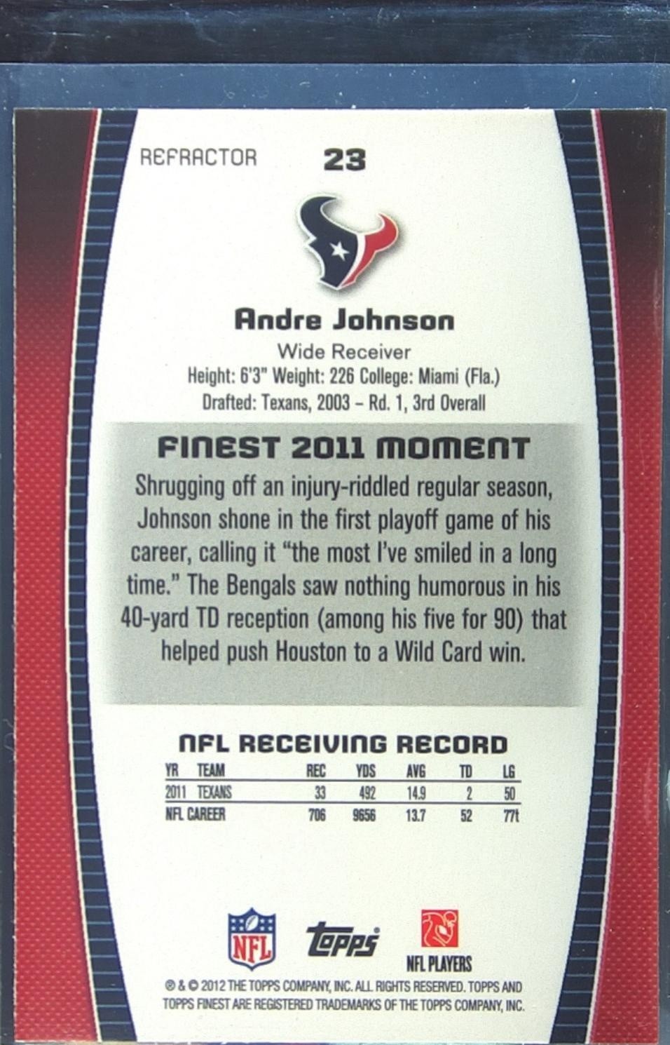 2012 Finest Andre Johnson Refractors #23 Texans - Image 3