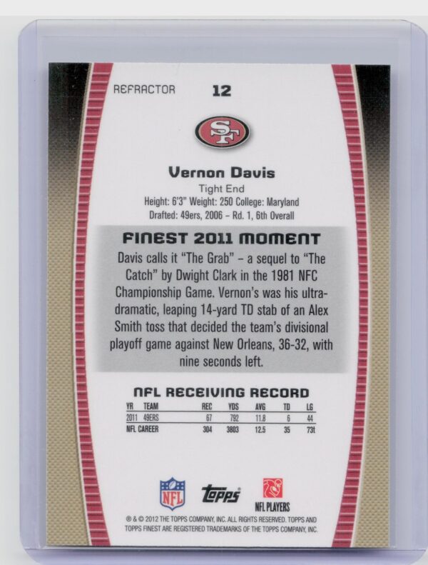 2012 Finest Vernon Davis Refractors #12 49ers - Image 3