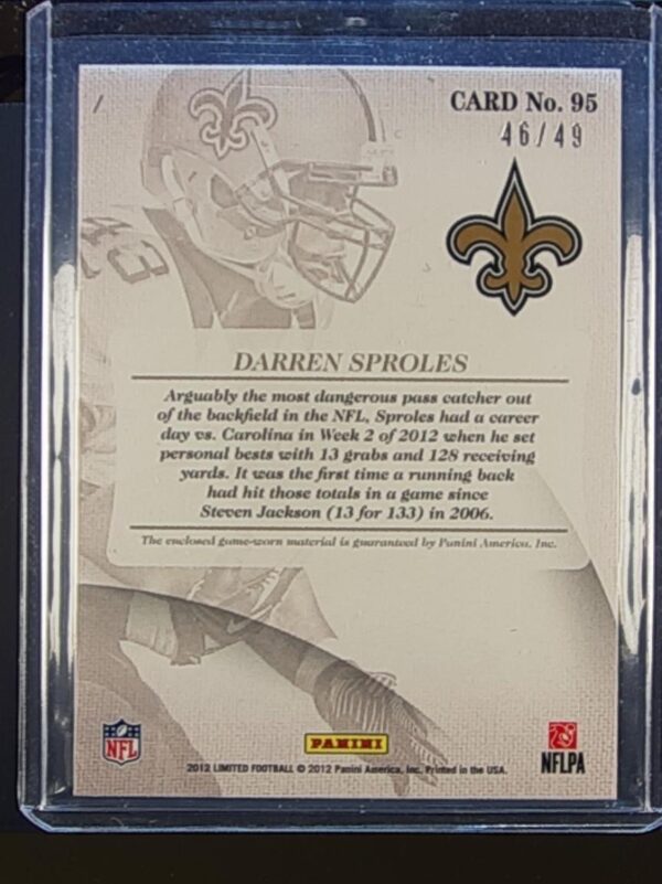 2012 Panini Limited Darren Sproles JSY /49 #95 Saints Threads - Image 3