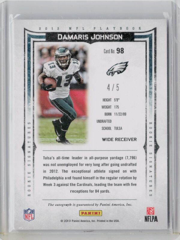 2012 Panini Playbook Damaris Johnson Green AU SN5 #98 Eagles - Image 3