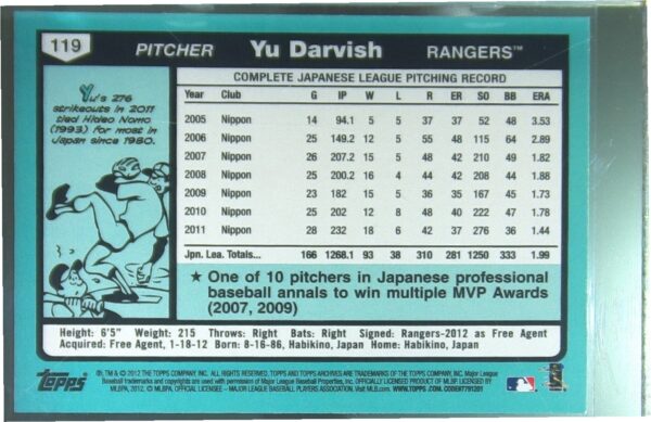 2012 Topps Archives Yu Darvish RC #119 Rangers - Image 3