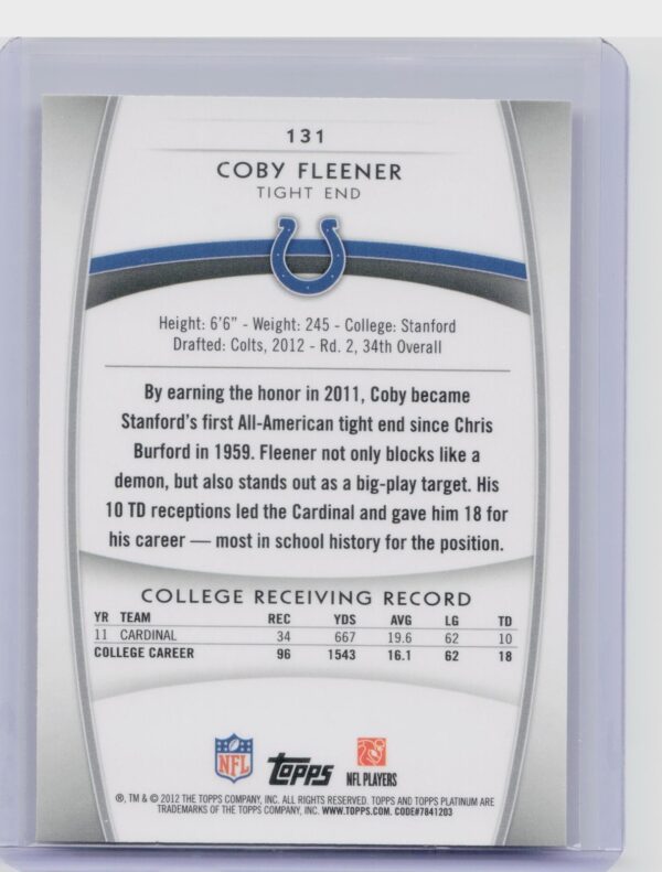 2012 Topps Platinum Coby Fleener RC #131 Colts - Image 3