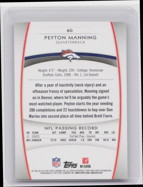 2012 Topps Platinum Peyton Manning #60 Broncos - Image 3