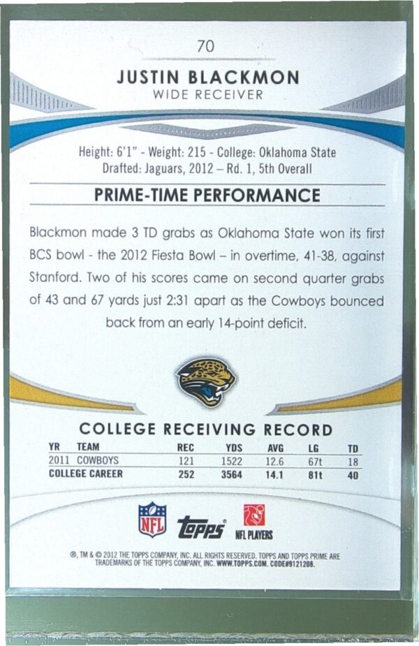 2012 Topps Prime (Hobby) Justin Blackmon Gold /250 RC #70 Jaguars - Image 3