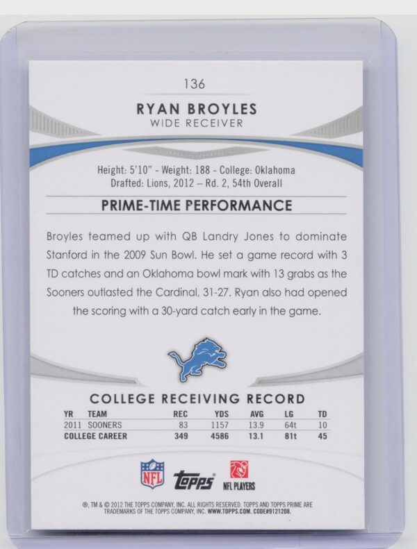 2012 Topps Prime (Hobby) Ryan Broyles Silver Rainbow /99 #136 Lions - Image 3