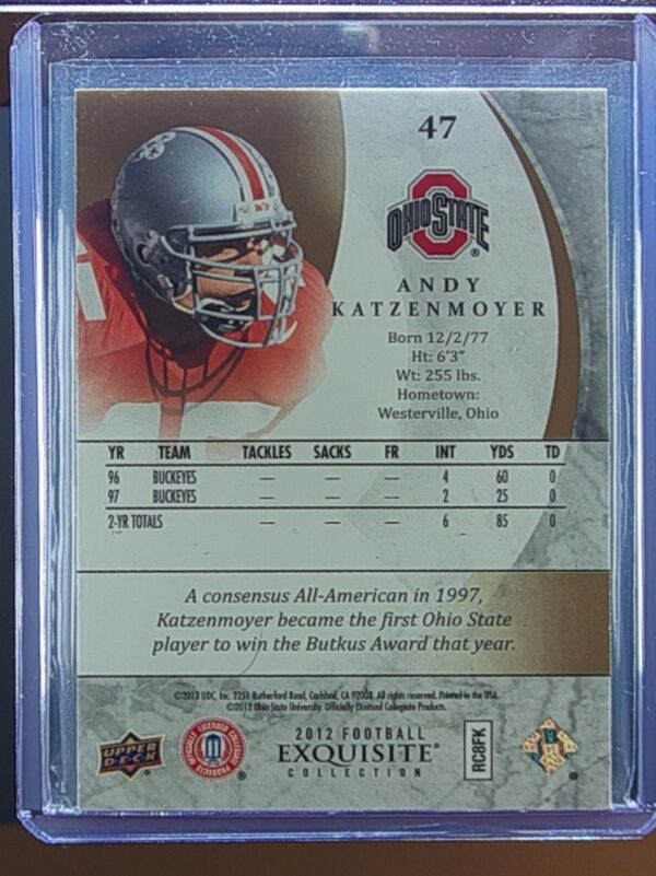 2012 Upper Deck Exquisite Collection Andy Katzenmoyer SN85 #47 Buckeyes - Image 3