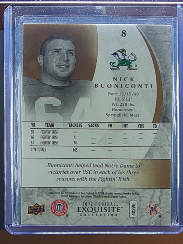 2012 Upper Deck Exquisite Collection Nick Buoniconti SN85 #8 Irish - Image 3