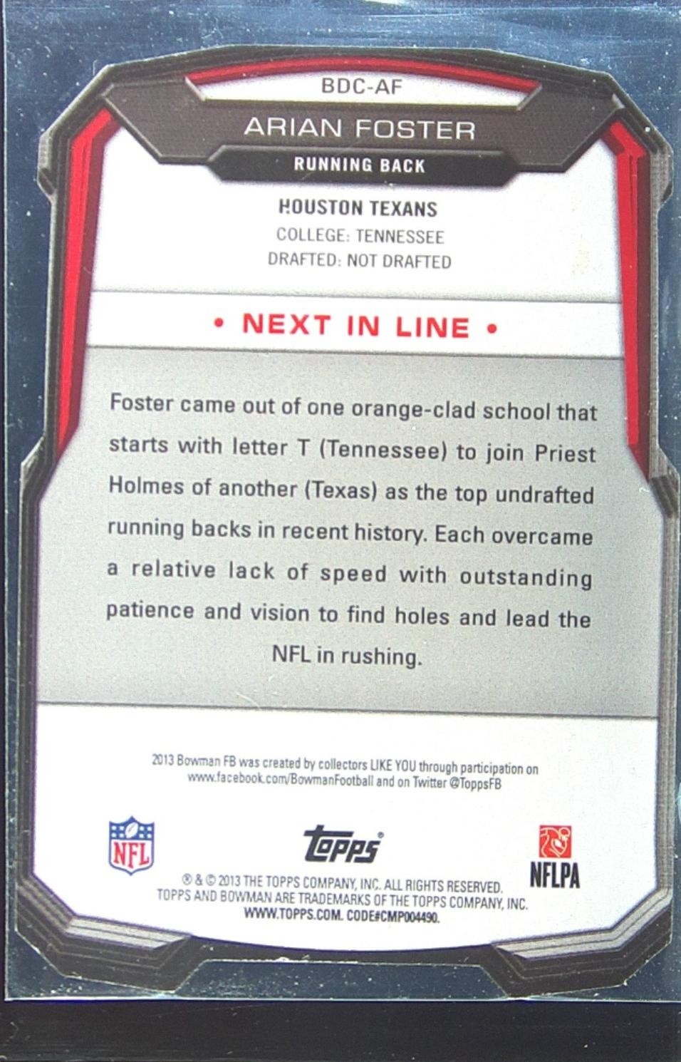 2013 Bowman Arian Foster #BDC-AF Texans Die Cut - Image 3
