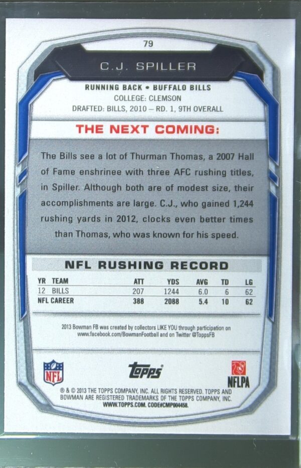 2013 Bowman C.J. Spiller Black #79 Bills - Image 3