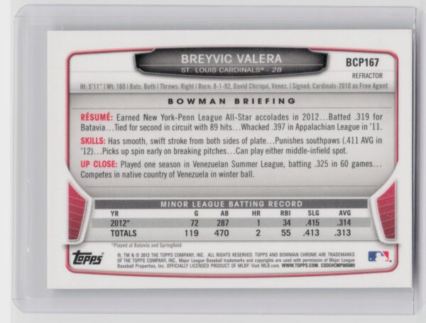 2013 Bowman Chrome Breyvic Valera #BCP167 Cardinals Prospects Refractors - Image 3
