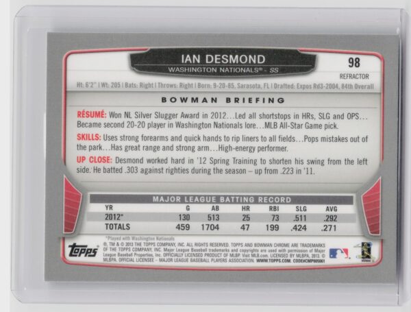 2013 Bowman Chrome Ian Desmond Refractors #98 Nationals - Image 3