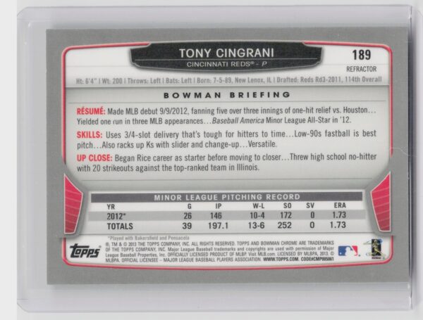 2013 Bowman Chrome Tony Cingrani Green Refractors #189 Reds - Image 3
