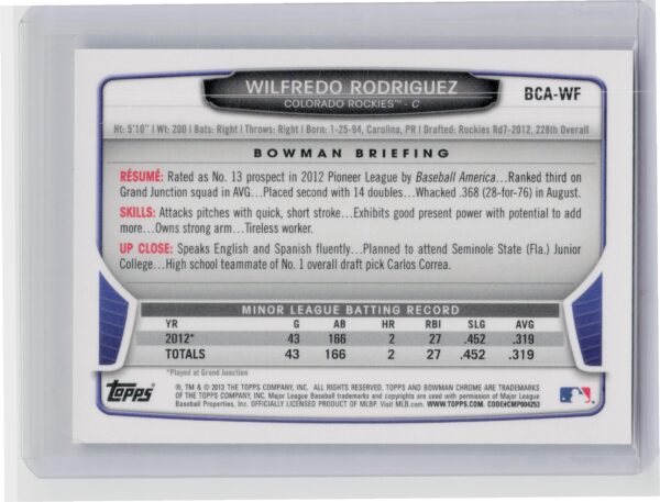 2013 Bowman Chrome Wilfredo Rodriguez AU #BCA-WF Rockies Prospects Autographs - Image 3