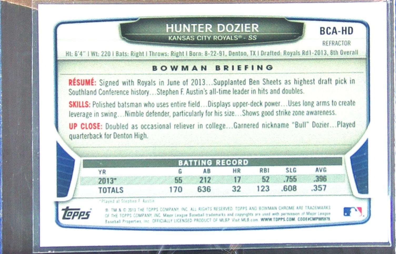 2013 Bowman Draft Picks & Prospects Hunter Dozier Auto #BCA-HD Royals Chrome Ref - Image 3